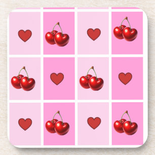 Custom Cherry Heart Chequerboard Pattern Coaster
