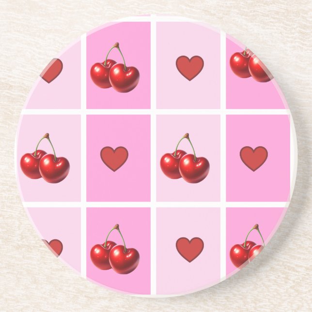 Custom Cherry Heart Chequerboard Pattern Coaster (Front)