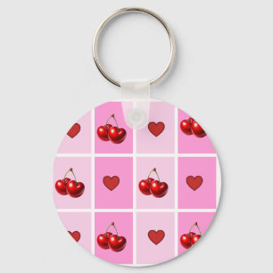 Custom Cherry Heart Chequerboard Pattern Key Ring