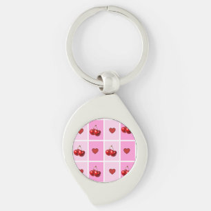 Custom Cherry Heart Chequerboard Pattern Key Ring