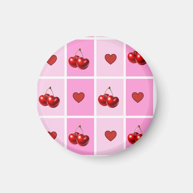 Custom Cherry Heart Chequerboard Pattern Magnet (Front)