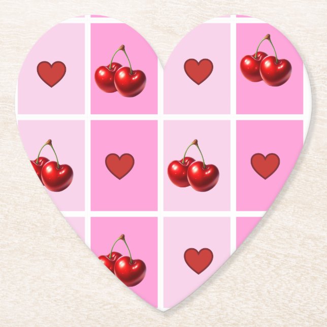 Custom Cherry Heart Chequerboard Pattern Paper Coaster (Front)