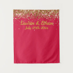 Custom Cherry Red Gold Glitter Wedding Photo Booth Tapestry