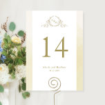 Custom, Chic Champagne Monogram Wedding<br><div class="desc">Help your guests find their table with this elegant monogrammed table number. Double-sided cards. Clear space all around gives you the liberty to use a table holder or frame. Design with an attractive hand-drawn botanical crest monogram in champagne cream hues and watercolor wash borders in a beautiful blend of champagne,...</div>