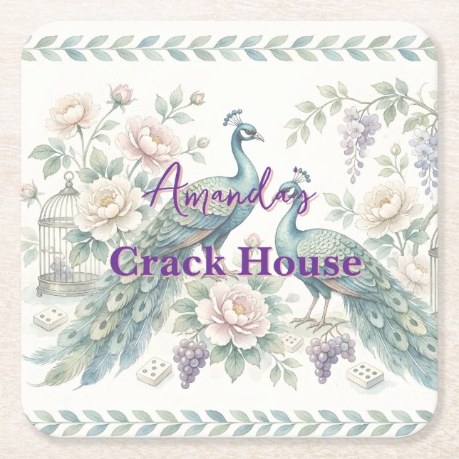Custom Chic Chinoiserie Peacock Mahjong Square Paper Coaster (Front)