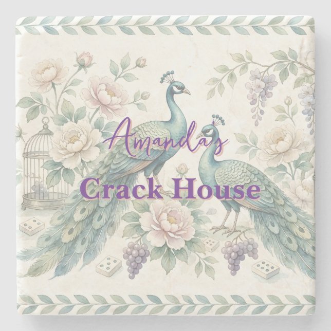 Custom Chic Chinoiserie Peacock Mahjong Stone Coaster (Front)