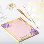 Custom chic gold frame violet flowers rose gold notepad<br><div class="desc">Trendy and glamourous with elegant rose gold,  pink coloured background.  With a faux rustic gold frame,  and trendy violet and purple coloured watercolored flowers.  Template for your name purple coloured letters in a hand lettered style script.</div>