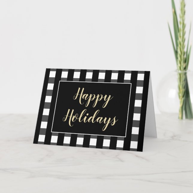 Custom Chic Happy Holidays Black and White Plaid Card (Front)