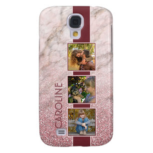 Custom Chic Pink Grey Marble Glitter Photo Name On Galaxy S4 Case