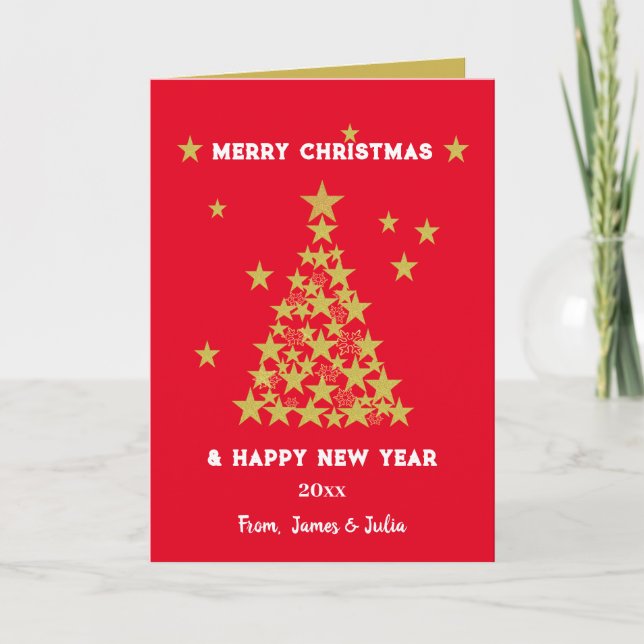 Custom Chic Red & Gold Glitter Stars Christmas Card (Front)
