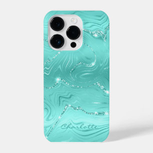 Custom Chic Turquoise Silver Glitter Pattern Girly iPhone 14 Pro Case
