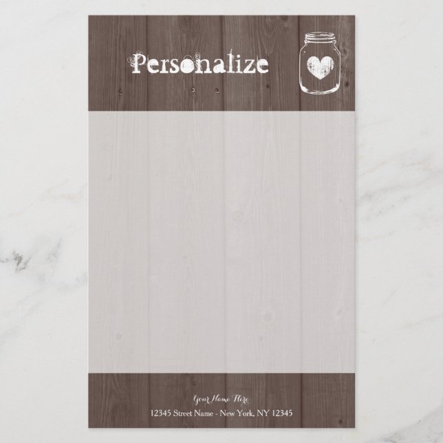 Custom chic wood grain mason jar stationery paper (Front)