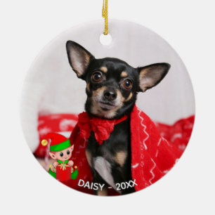 Custom Chihuahua Dog Photo with Cute Elf Ceramic Tree Decoration