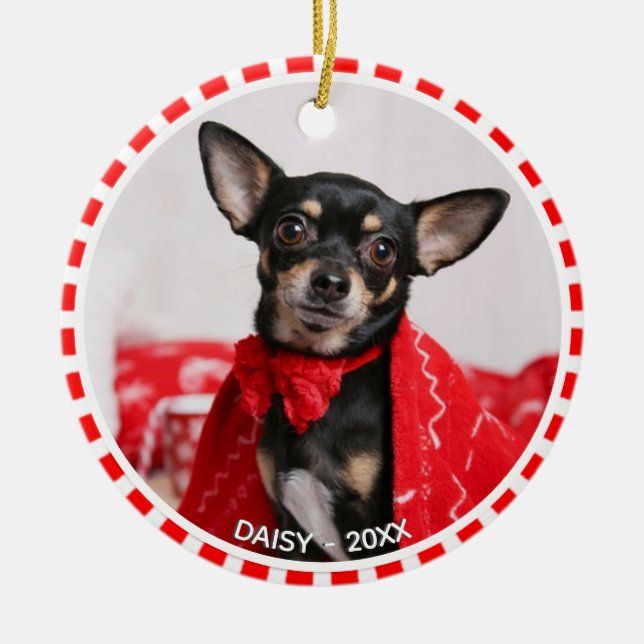 Custom Chihuahua Dog Photo with Red & White Frame Ceramic Tree Decoration (Front)