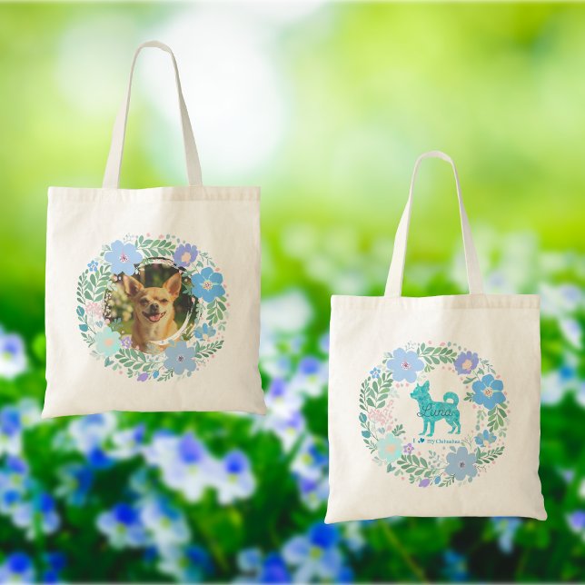 Custom Chihuahua – Pastel Blue Floral Wreath Tote Bag (Creator Uploaded)
