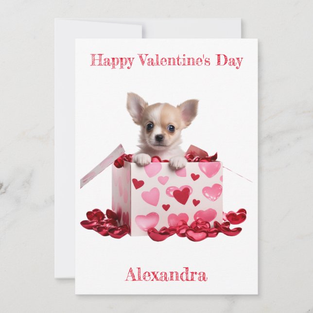 Custom Chihuahua Pup Pink Hearts on Box Valentine Holiday Card (Front)