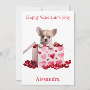 Custom Chihuahua Pup Pink Hearts on Box Valentine Holiday Card