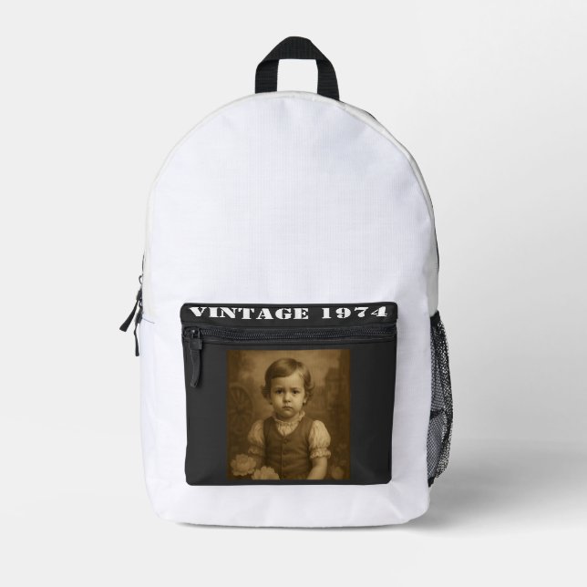 Custom Childhood Photo & Year Vintage Personalised Printed Backpack (Front)