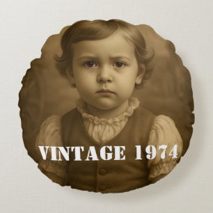 Custom Childhood two Photos & Year Vintage Round Cushion