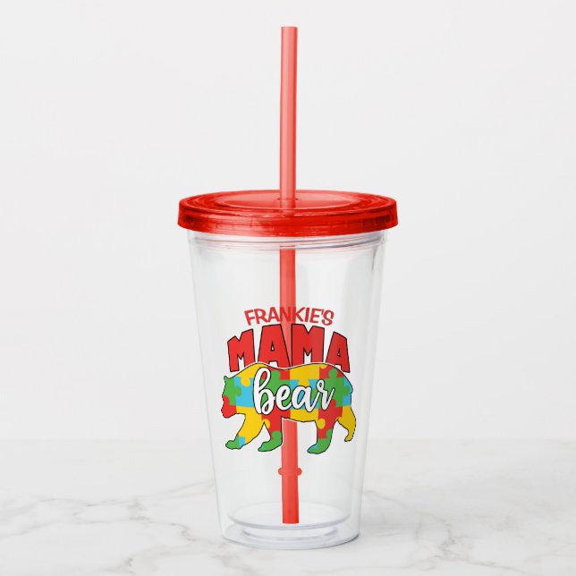 Custom Childs NAME Mama Bear Autism Awareness Mum Acrylic Tumbler (Front)