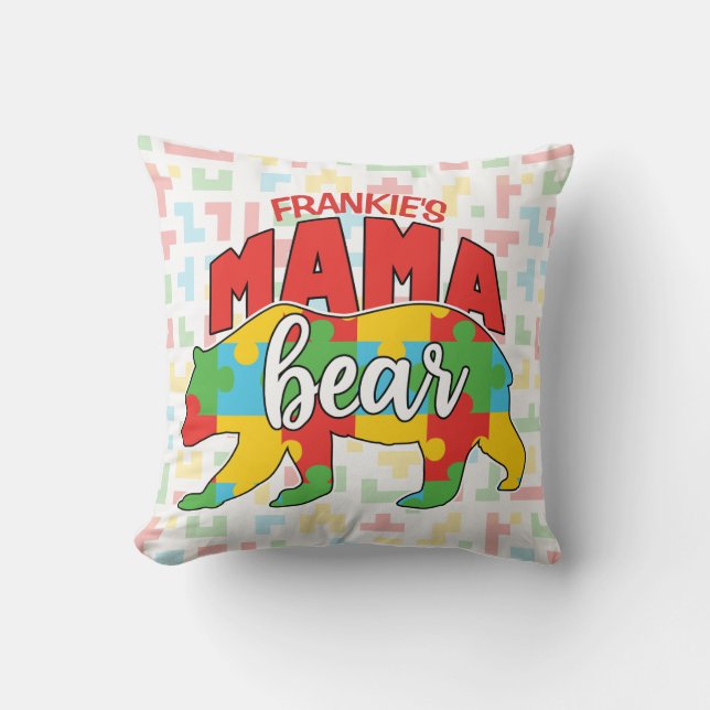 Custom Childs NAME Mama Bear Autism Awareness Mum Cushion (Front)