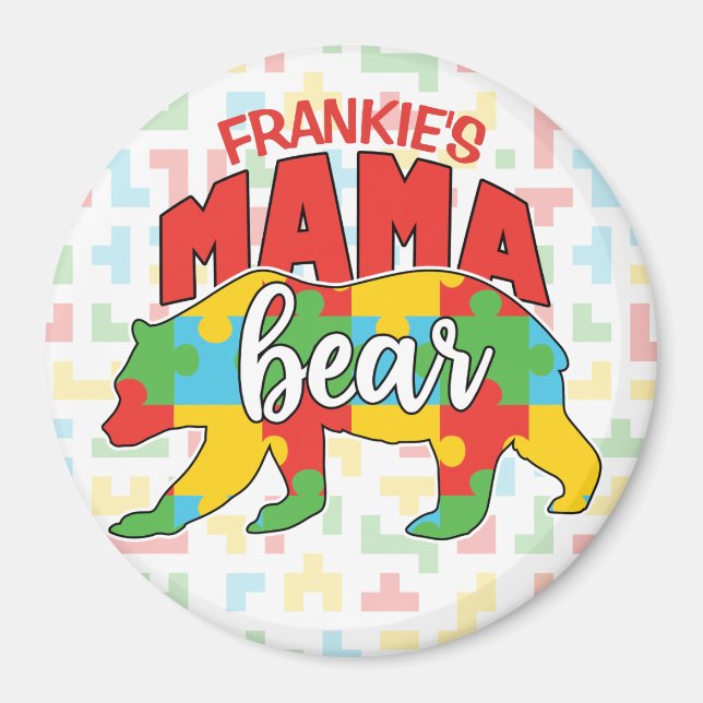 Custom Childs NAME Mama Bear Autism Awareness Mum Magnet (Front)
