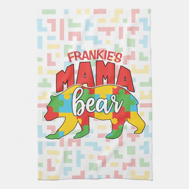 Custom Childs NAME Mama Bear Autism Awareness Mum Tea Towel (Vertical)