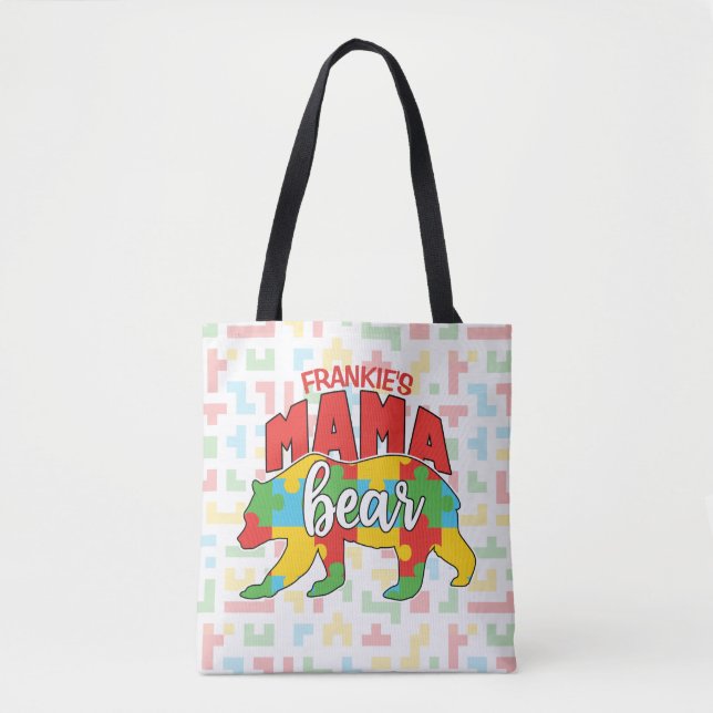 Custom Childs NAME Mama Bear Autism Awareness Mum Tote Bag (Front)