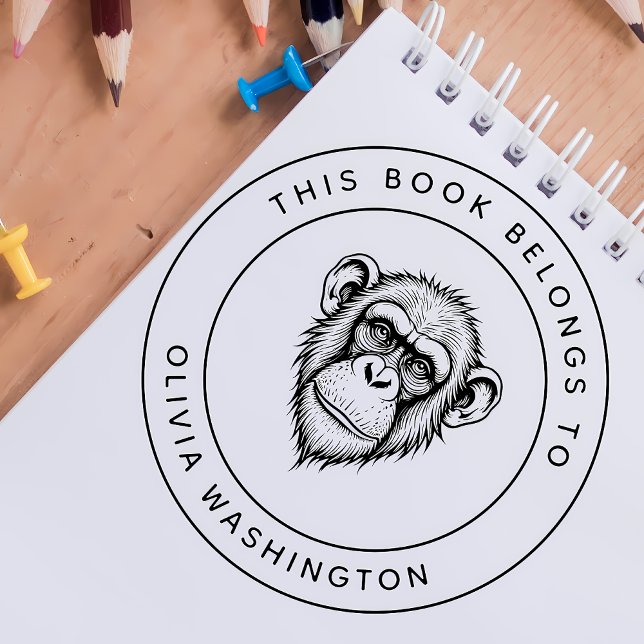 Custom Chimpanzee This Book Belongs To Kid's Name Rubber Stamp (Creator Uploaded)