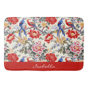 Custom Chinoiserie Asian Floral Pink Blue Red Bird Bath Mat