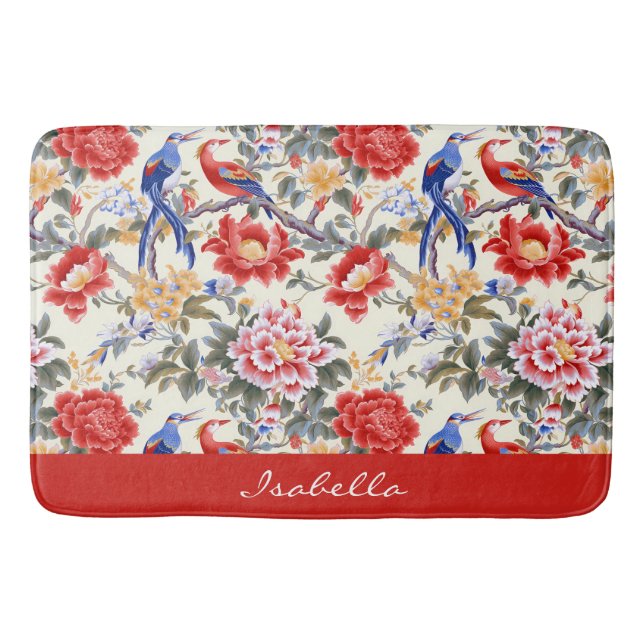 Custom Chinoiserie Asian Floral Pink Blue Red Bird Bath Mat (Front)