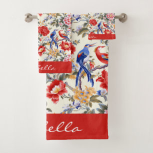Custom Chinoiserie Asian Floral Pink Blue Red Bird Bath Towel Set