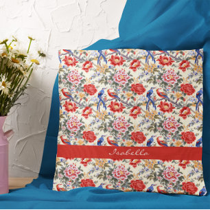 Custom Chinoiserie Asian Floral Pink Blue Red Bird Cushion