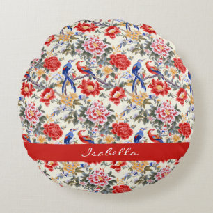 Custom Chinoiserie Asian Floral Pink Blue Red Bird Round Cushion