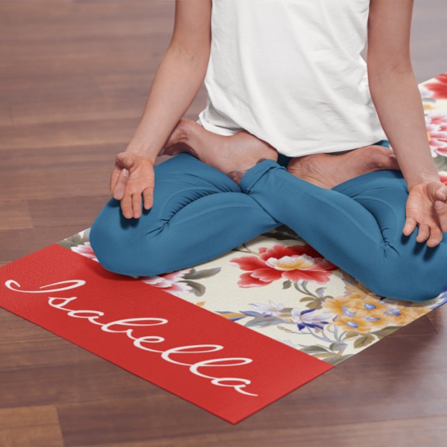 Custom Chinoiserie Asian Floral Pink Blue Red Bird Yoga Mat (Creator Uploaded)