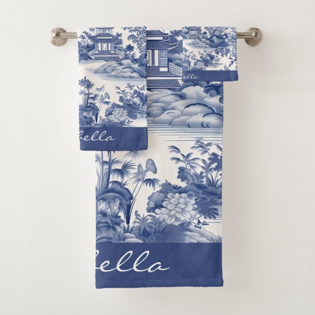 Custom Chinoiserie Pattern Pagoda Blue White Bath Towel Set (Insitu)