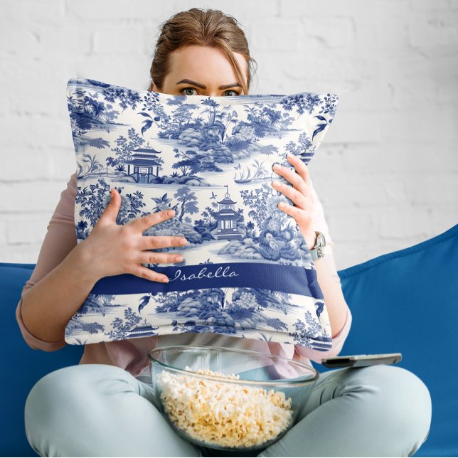 Custom Chinoiserie Pattern Pagoda Blue White Cushion (Creator Uploaded)