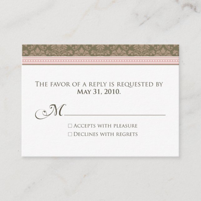 :custom: Chocolate/Pink Damask 3.5x2.5" RSVP Enclosure Card (Front)