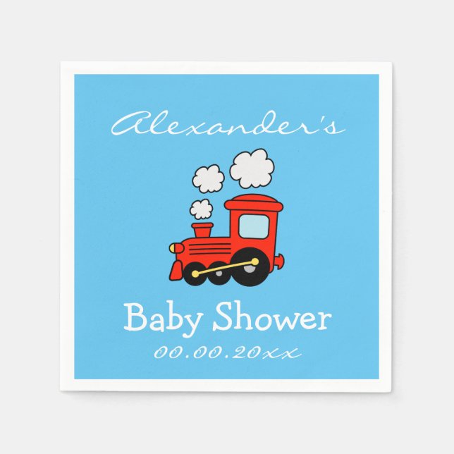 Custom choo choo train baby shower napkins for boy (Front)