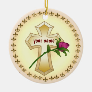 Custom Christian Cross Rose  Ceramic Tree Decoration