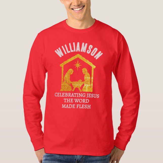 Custom Christian Glitter Nativity Family Christmas T-Shirt (Front)