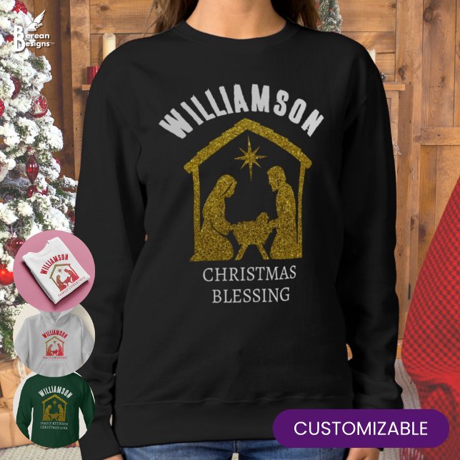 Custom Christian Nativity Family Christmas Sweatshirt (Personalized Christmas Family Sweater with custom name and text. Ideal for festive family reunions.)