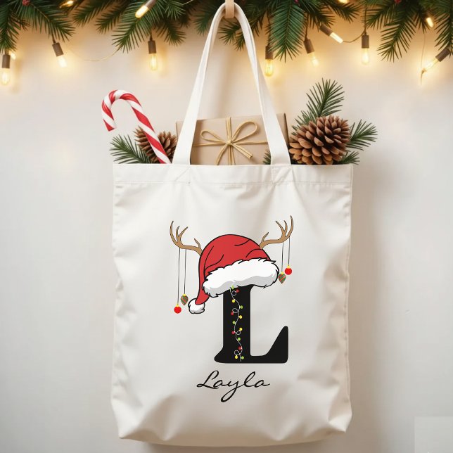 Custom Christmas Alphabet Monogram Tote Bag (personalized Christmas gift, holiday season tote, Christmas office gift, Christmas bag for coworkers)