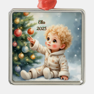 Custom Christmas Baby Girl or Boy Sitting Metal Tree Decoration