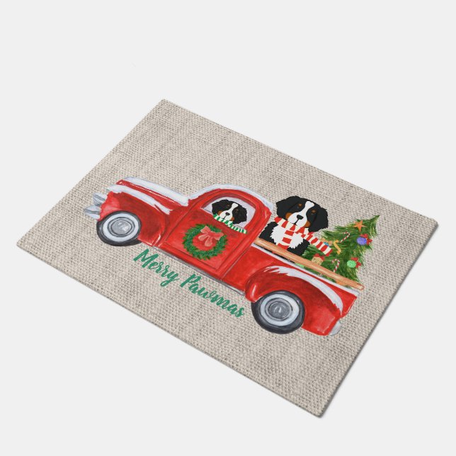 Custom Christmas Berner Dogs Red Truck Burlap Doormat (Angled)
