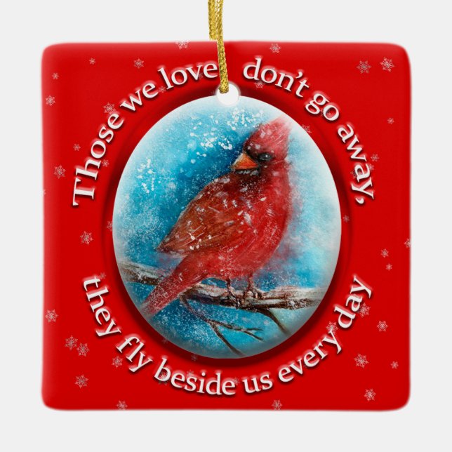 Custom Christmas Cardinal Snowflakes on Red Ceramic Ornament (Front)