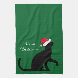 Custom Christmas Cat Santa Green Tea Towel