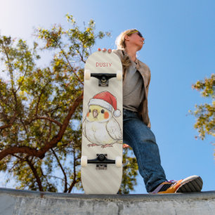 Custom Christmas Cockatiel Wearing Santa Hat Skateboard