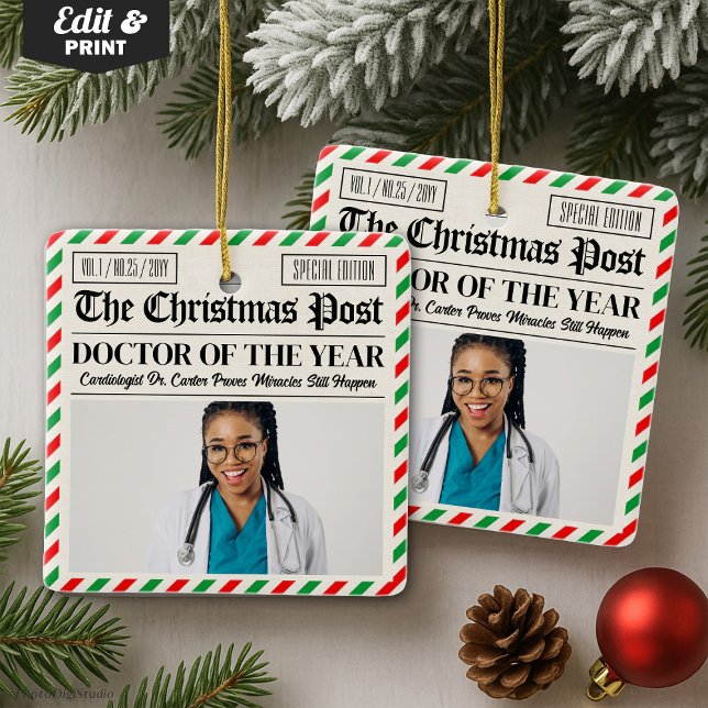 Custom Christmas Doctor Gift, Fun Newspaper Doctor Ceramic Ornament (Custom Christmas Doctor Gift, Fun Newspaper Doctor Ceramic Ornament)
