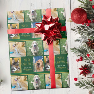Custom Christmas Dog Photo Collage Green Pet Owner Wrapping Paper